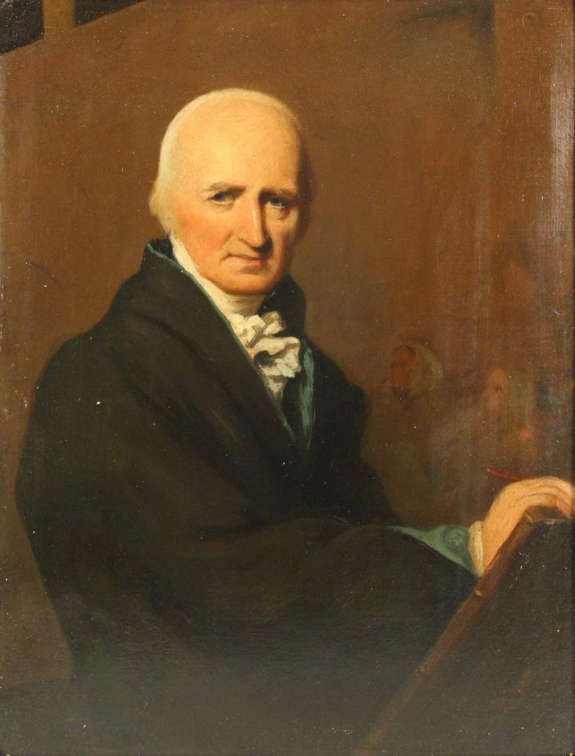 AMERICAN SCHOOL (19TH CENTURY).: Oil on board. Portrait of Benjamin West. Christie's lot stickers verso. Milea Bros. tag affixed verso. From a Summit, NJ collection. - Dimensions: 18" high x 14" wide