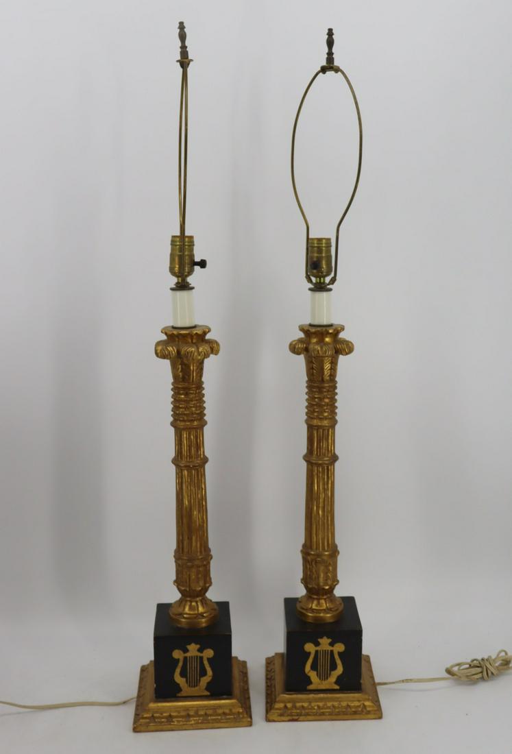 A Pair Of Carved Gilt And Paint Decorated: Column Form Wood lamps. Very decorative and nice gilding. From a Darien CT estate. - Dimensions: 22" Columns only, 38" top of harp