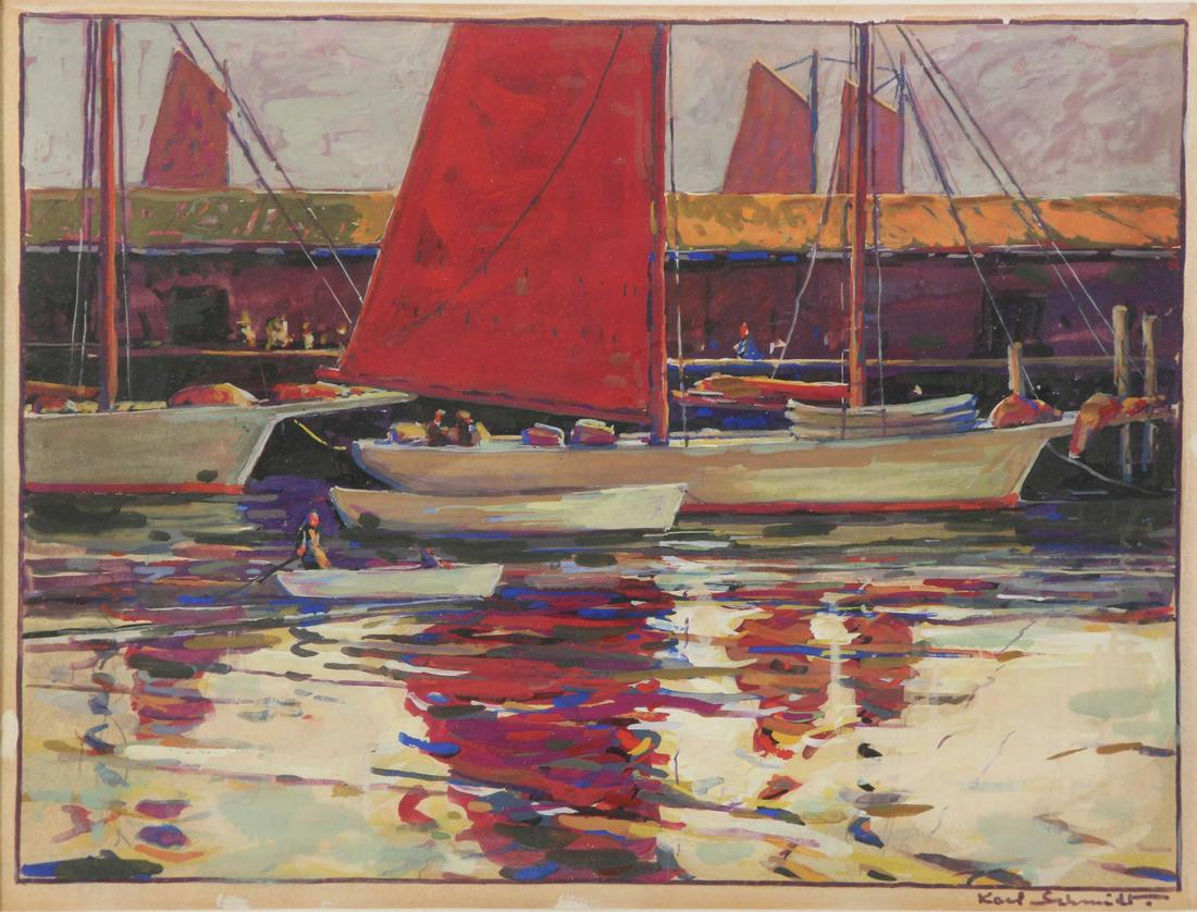 KARL SCHMIDT (AMERICAN, 1890-1962).: Gouache. Port Scene. Signed lower right. From a Connecticut collection. - Dimensions: 9.25" high x 12.5" wide