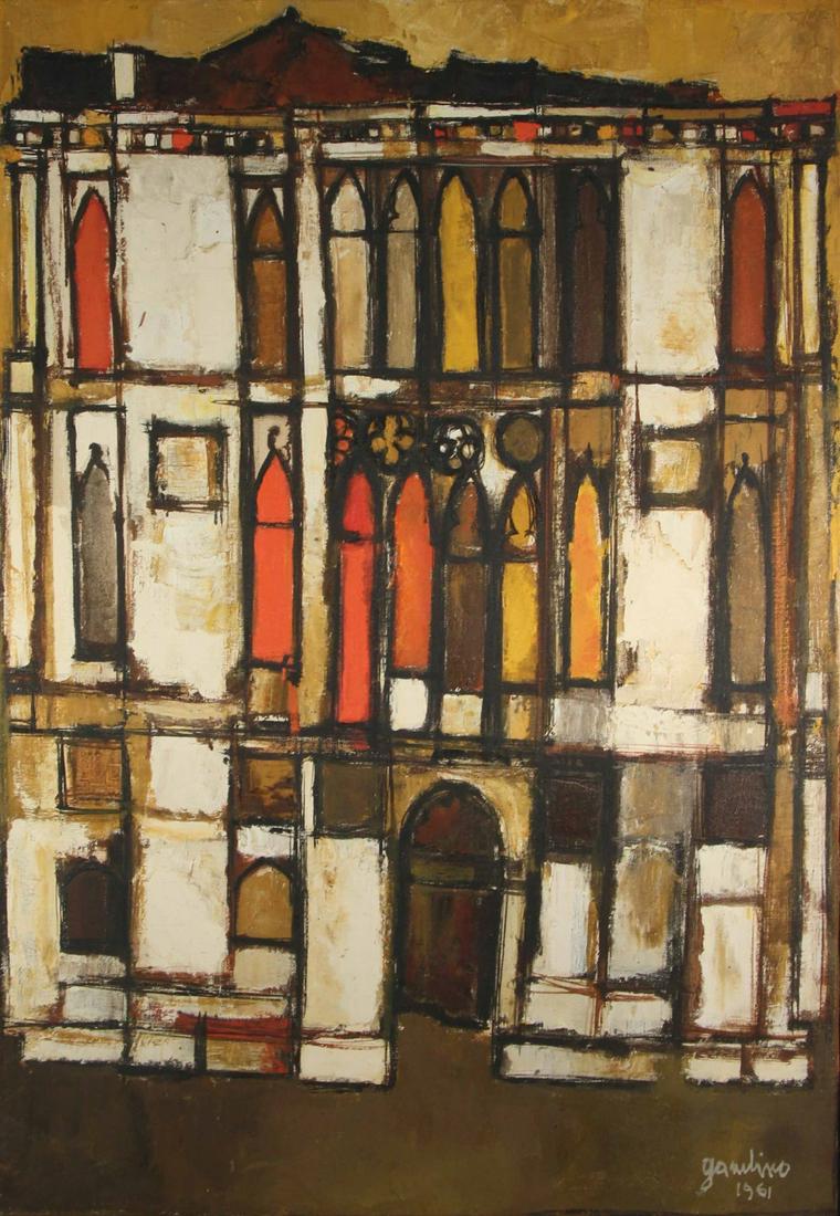 GIUSEPPE GAMBINO (ITALIAN, 1928-1997).: Oil on canvas. "Palazzo Sul Canal Grande". 1961. Signed lower right. Signed, dated, and titled verso. Galleria D'Art Moderna "Il Traghetto" Venezia labels affixed verso. From a New