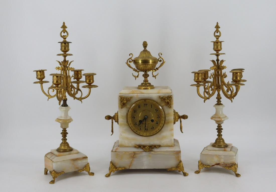 3 Piece Bronze Mounted Onyx Clock Garniture Set. (1 of 7)