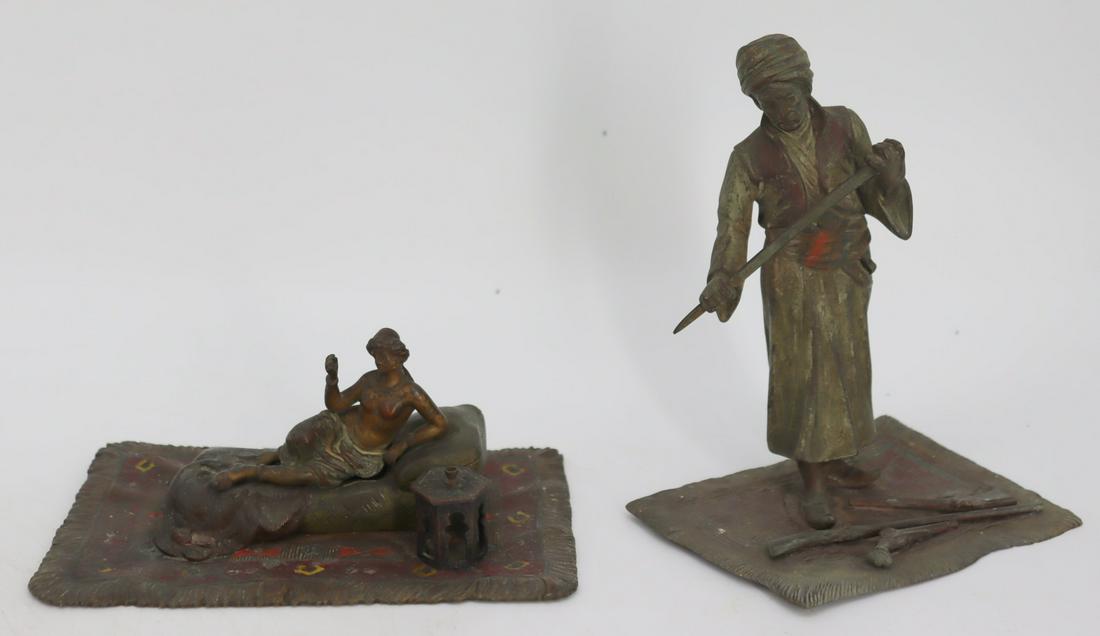 After Franz Bergman Cold Painted Bronzes: The standing figure with HK on base (6.25"H) and the reclining nude apparently unsigned (2.5" x 6.5") From a New Jersey estate.