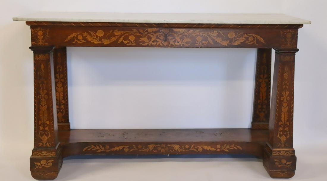 18 /19 Century Marquetry Inlaid Marbletop Console: Nice large size and inlaid all over. From a Bridgeport CT estate. -Dimensions: 39.5" h x 68" x 23.5"