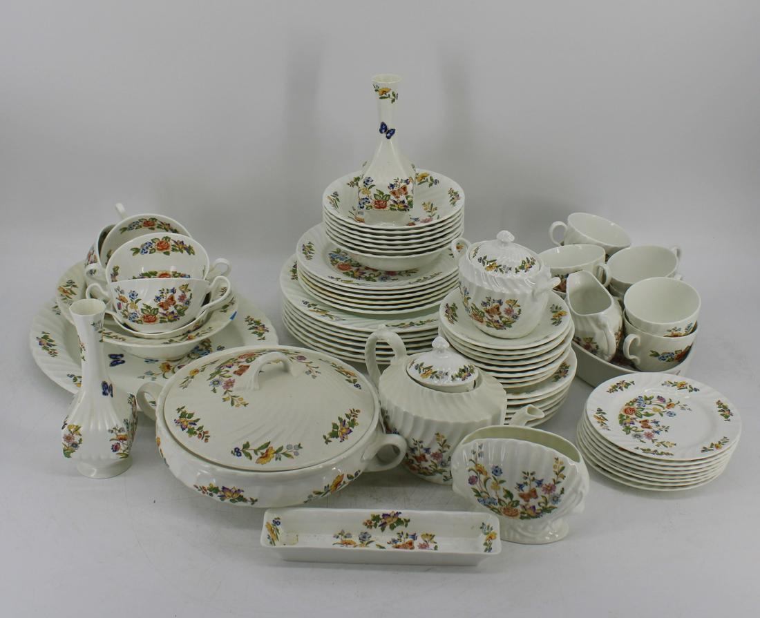 Aynsley "Cottage Garden" English Bone China .: To include 7 plates (10.5"), 6 plates (8.25"), 8 plates (6.25"), 7 bowls (6.75"), 8 cups, 5 double handle cups, 8 saucers (5.5"), 6 saucers (6.25"), 1 Lidded tureen (11"), 1 T pot, 1 Sugar bowl, 1 Cre