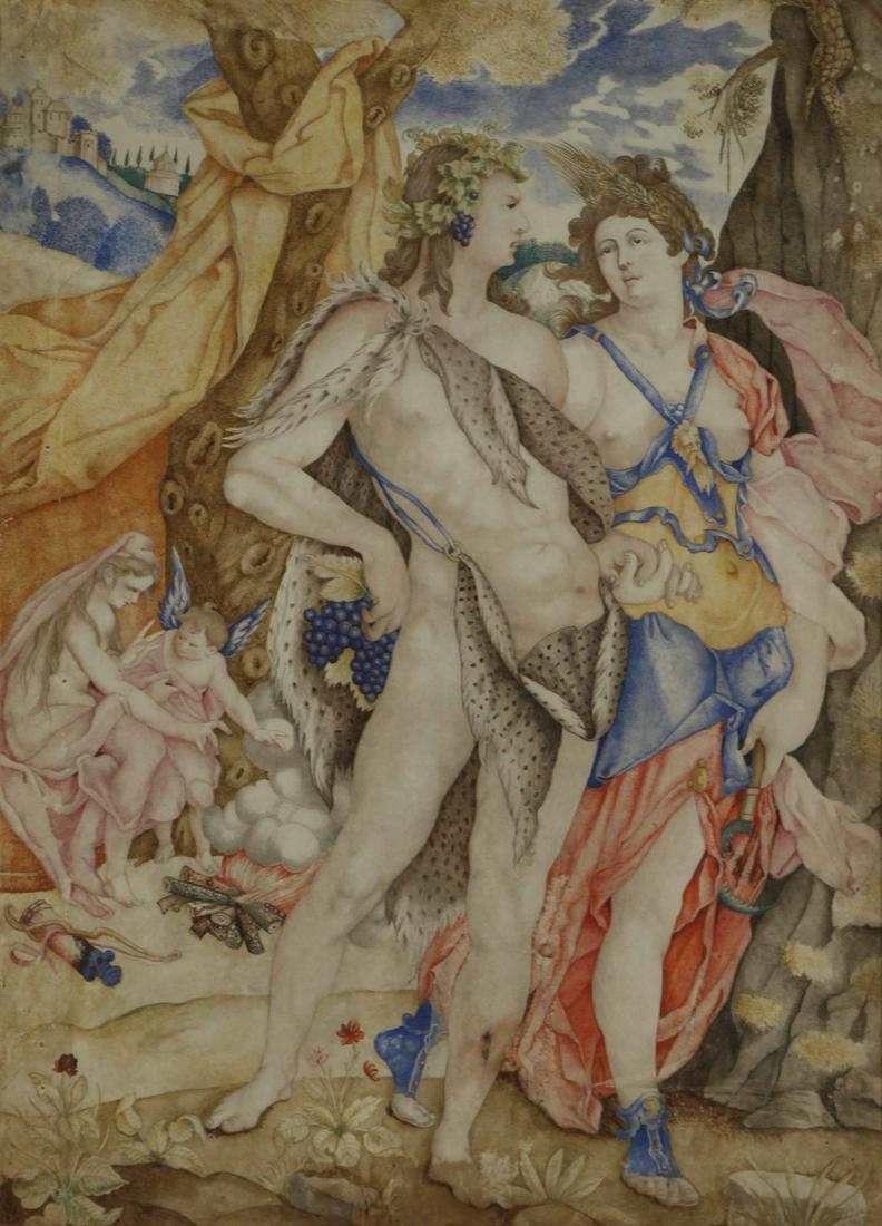EUROPEAN SCHOOL (17TH CENTURY).: Tempera on Vellum. Bacchus and Ceres After Spranger. From a New York, NY collection. - Dimensions: 17.75" high x 12.75" wide