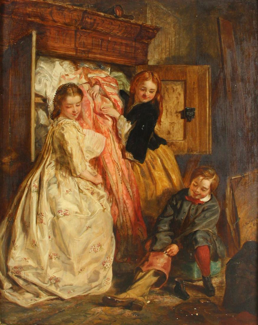 JOHN BALLANTYNE (BRITISH, 1815-1897).: Oil on board. "The Wardrobe Raiders". Signed center right. Omell Galleries label verso. From a Rye Brook, NY collection. - Dimensions: 15" high x 12" wide