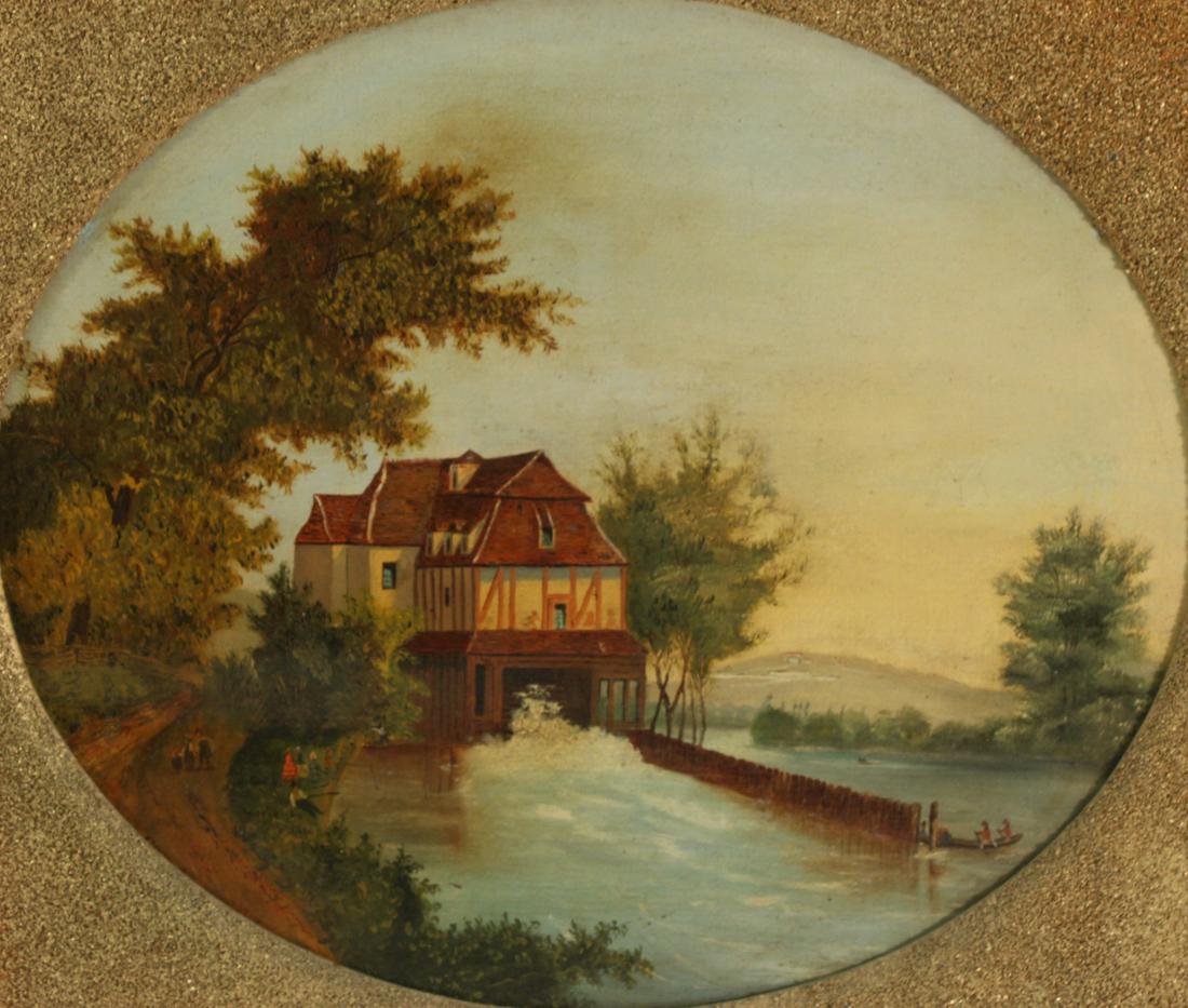 CHARLES WINFIELD TICE (AMERICAN, 1810-1870).: Oil on canvas. Hudson River Scene, Troy, NY. c. 1855. Signed verso. From a Long Island, NY collection. - Dimensions: 14" high x 16" wide