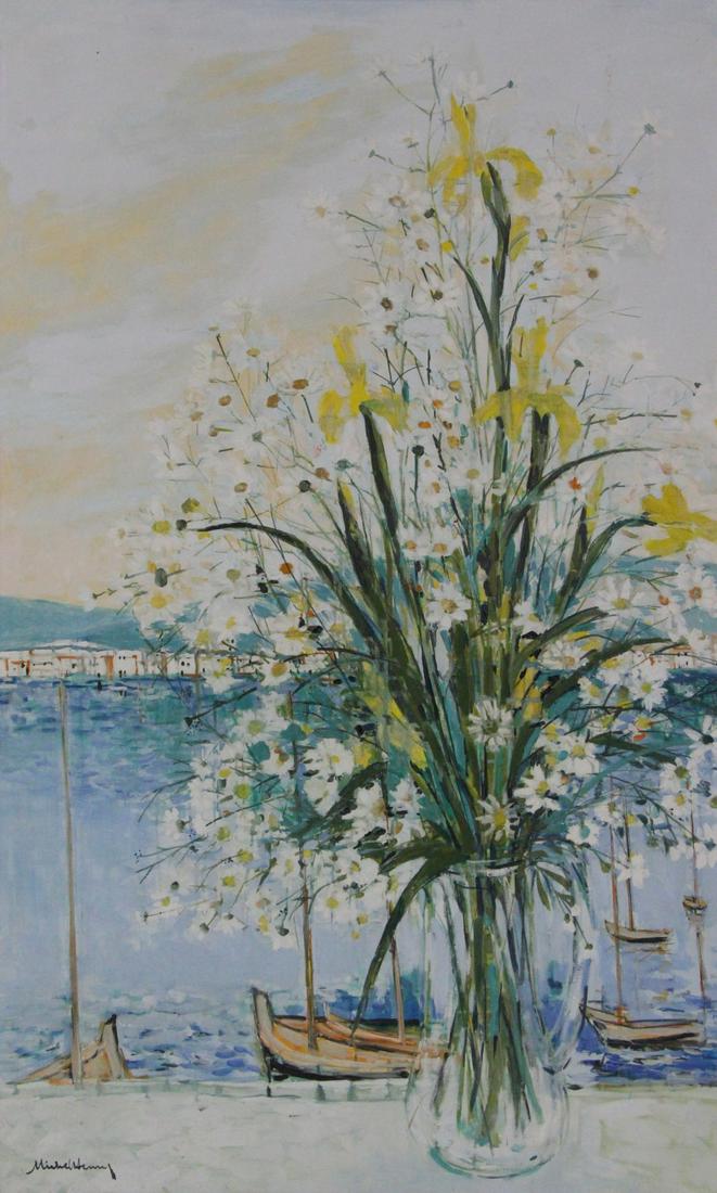 MICHEL HENRY (FRENCH, 1928-2016).: Oil on canvas. "Fleurs et Costa-Bravit". Signed lower left. Wally F Galleries label affixed verso. From a New York collection. - Dimensions: 58.5" high x 35" wide