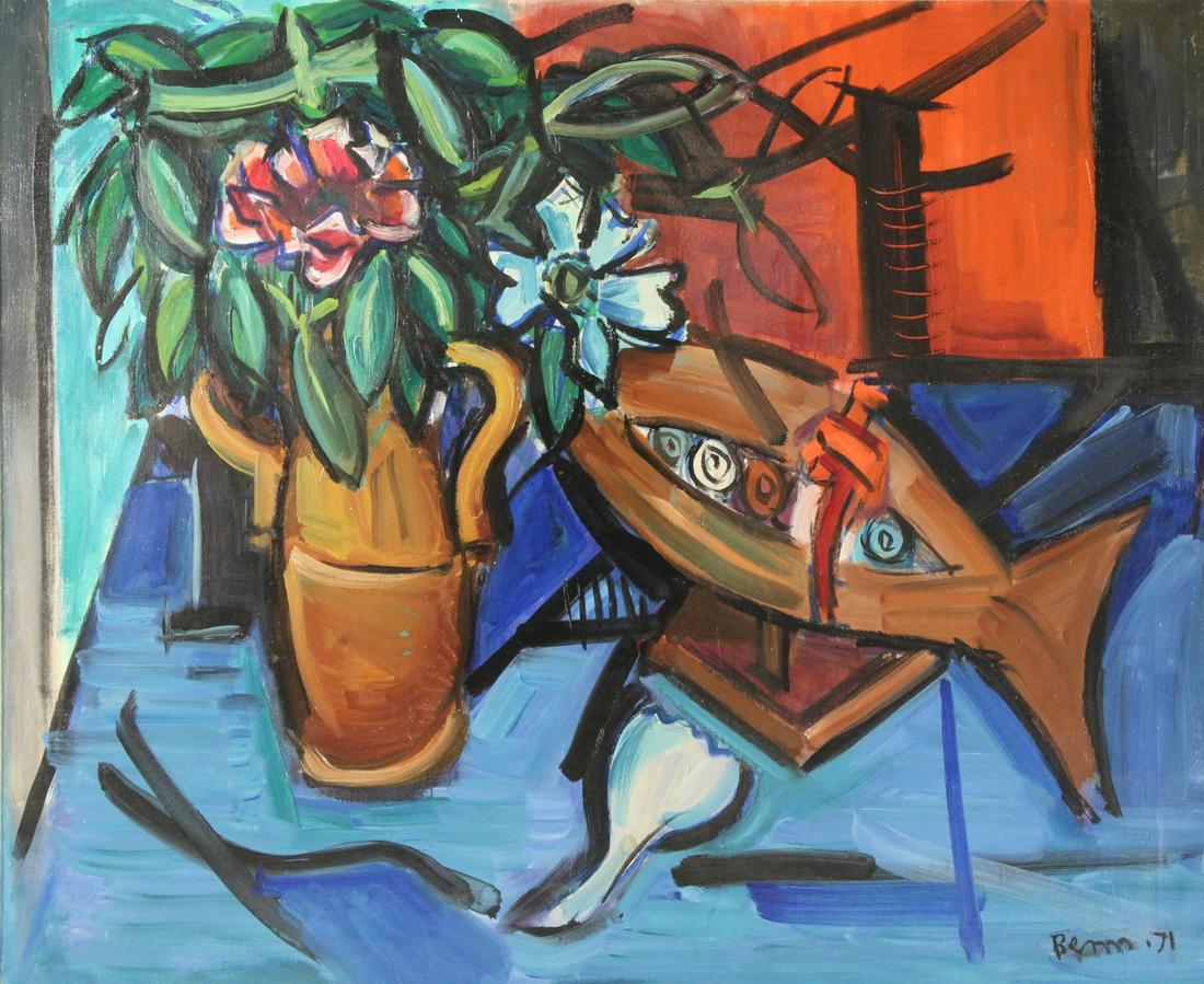 BEN BENN (AMERICAN, 1884-1983).: Oil on canvas. "Still Life with Wooden Fish". 1971. Signed and dated lower right. Madison Gallery label affixed verso. From a New York collection. - Dimensions: 24" high x 29.25" wide