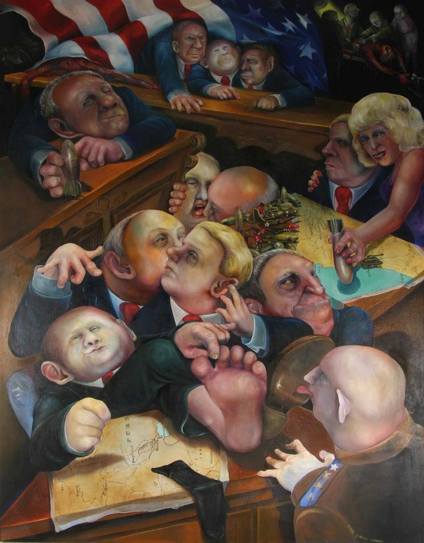 JERAMY TURNER (AMERICAN, 21ST CENTURY).: Oil on canvas. Political Scene. 2005. Signed and dated lower right. From a Long Island, NY collection. - Dimensions: 56.25" high x 44" wide