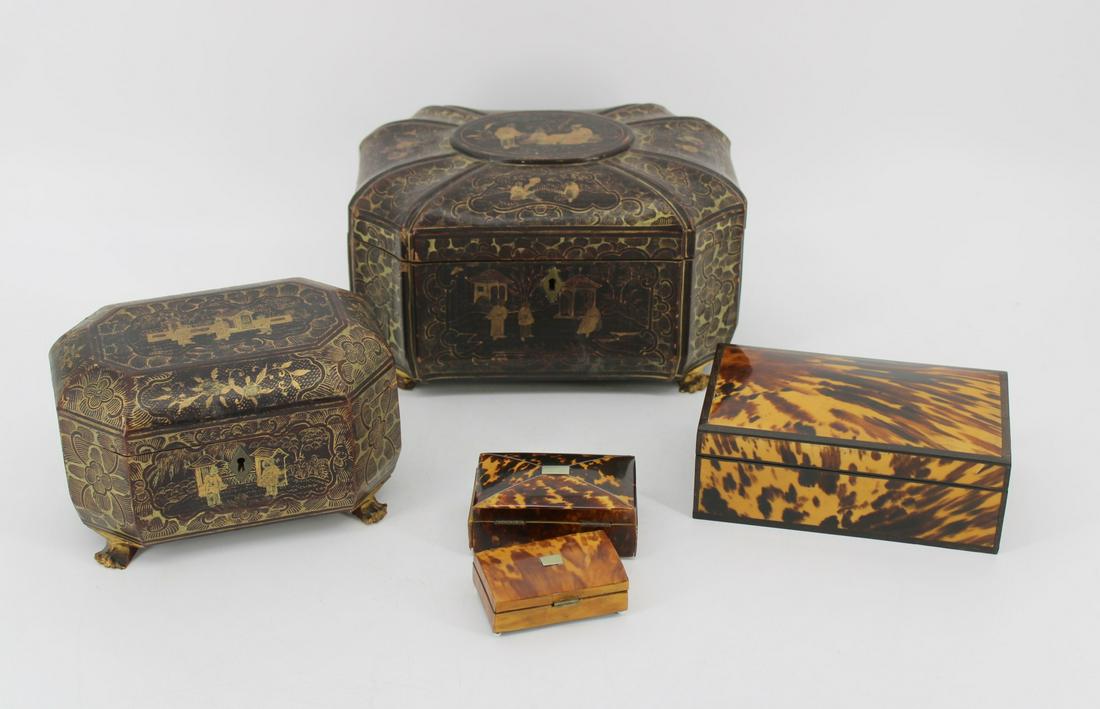2 Chinoiserie Decorated Tea Caddies & 3 Shell: Boxes . The tea caddies very finely decorated and raised on claw feet . From an important Park Ave, NYC estate .Bone boxes 7"x4"x2.5" , 4" x1.5"x2.5" & 3" x2&quo