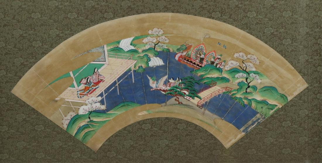 Framed Asian Paint and Gilt Decorated Paper Fan. (1 of 9)