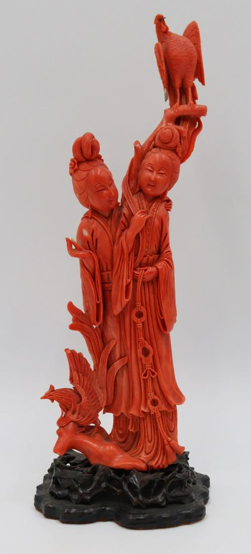 Signed Carved Coral Figural Grouping with Birds. (1 of 20)