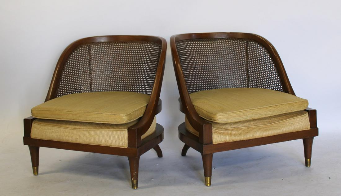A Midcentury Pair Of Curved & Caned Back Chairs: Nice lines and with brass trim. From a Westport CT estate. - Dimensions: 27" x 25" x 27"