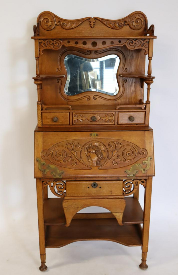 Antique Carved Oak Slant Front Desk / Etagere. (1 of 6)