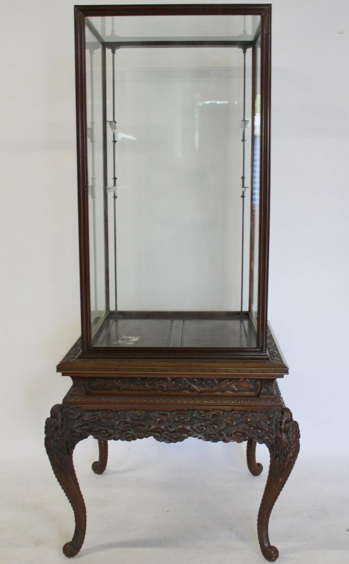 Antique Highly & Finely Carved Vitrine On Stand.: The best of quality, in the Chippendale style, top removable with 2 glass shelves and a door. From a New Rochelle NY estate. - Dimensions: 75" x 33" x 33"