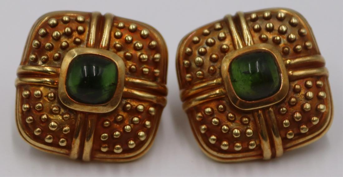 JEWELRY. Pair of Raafty 14kt Gold and Colored Gem: Cabochon Earrings. Includes a pair of signed Raaafty 14kt yellow gold earrings with central green colored gem cabochons, possibly Tourmaline. Colored gems measure approx. 8.0mm x 8.0mm. Stamped, "