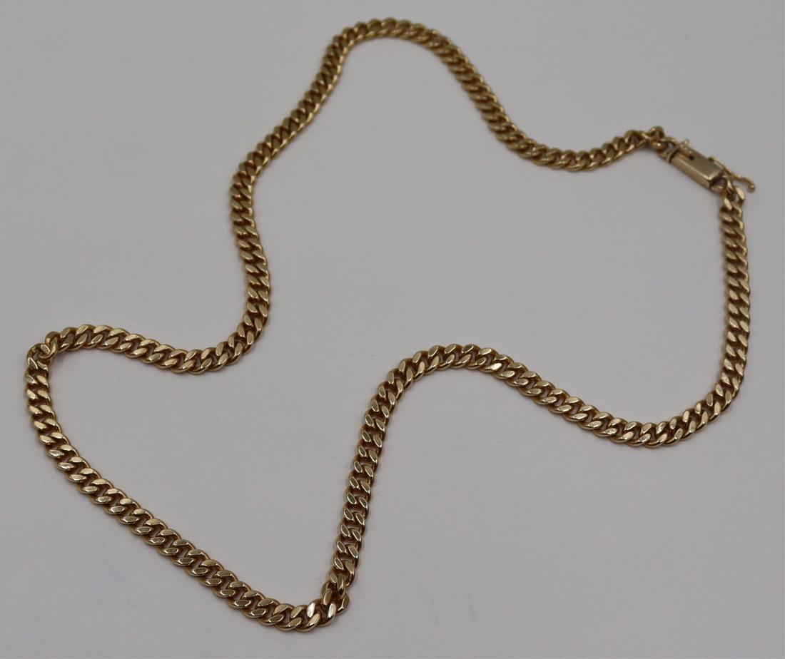 JEWELRY. 14kt Gold Cuban Link Chain Necklace.: Stamped, "14K". Total approx. weight is 12.8 dwt (gross). From a Rye, NY estate. Dimensions: chain measures approx. 4.0mm wide x approx. 16.5" in length excluding tongue.