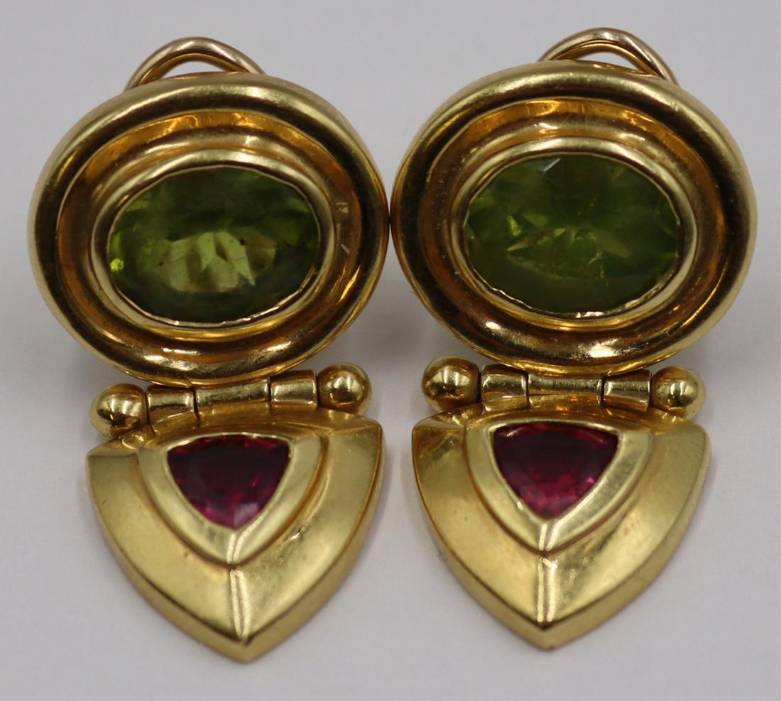 JEWELRY. Pair of 14kt Gold and Colored Gem: Ear Clips. Stamped, "14K". With French backs. Total approx. weight is 11.0 dwt (gross). From a Rye, NY estate. Dimensions: ear clips measure approx. 1.22" in length.