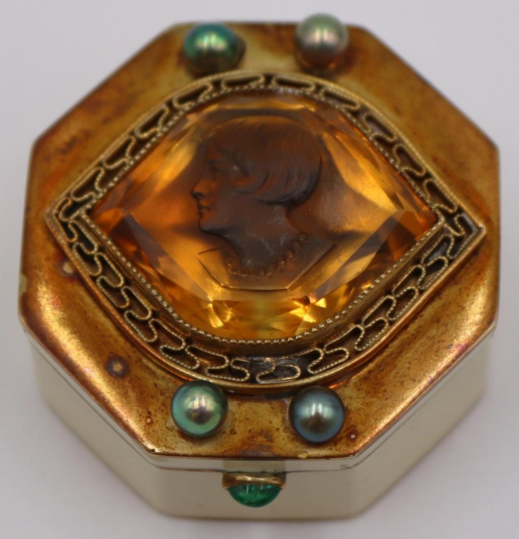 GOLD. Gold, Pearl, and Colored Gem Pill Box.: Beautiful octagonal 14kt gold mounted pill box with central faceted colored gem intaglio of a lady with (4)Tahitian? pearl accents and a green colored gem cabochon closure. Apparently unmarked. Total