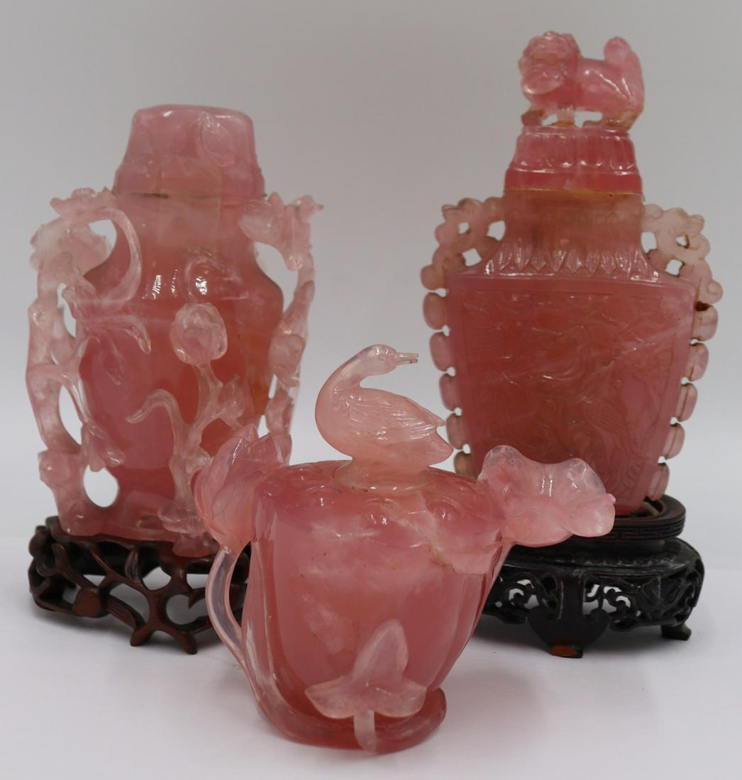 (3) Carved Chinese Rose Quartz Lidded Vessels. (1 of 12)