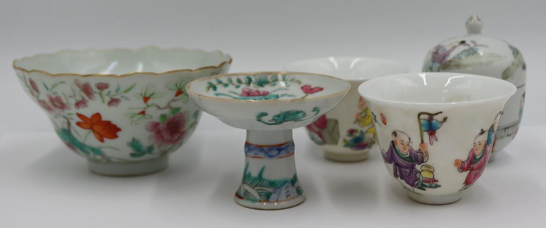 Grouping of Chinese Republic Porcelain: Includes a grouping of enamel decorated Chinese Republic porcelain comprised of (2) signed wine cups decorated with figures; (1) small covered egg form vessel; (1) stem cup; and (1) small signed bowl 
