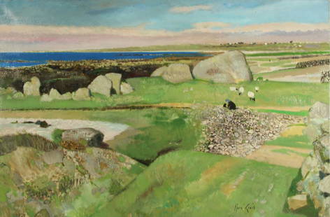 RENE GENIS (FRENCH, 1922-2004).: Oil on canvas. "Gardeuse de Moutons". (Galway Irlande). Signed lower right. Signed and titled verso. From a New Haven, VT Collection. - Dimensions: 21.25'' high x 32'' wide