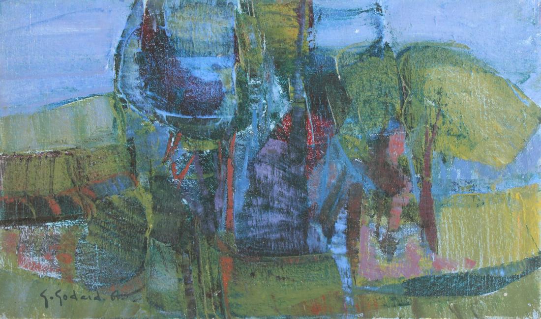 GABRIEL GODARD (FRENCH, b. 1933).: Oil on canvas. Blue Landscape. 1961. Signed and dated lower left. From a New Haven, VT collection. - Dimensions: 13'' high x 21.75'' wide
