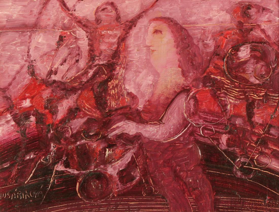 JINDRA HUSARIKOVA (CZECH, 1931-2016).: Oil on canvas. "Vystoupeni". 1991. Signed lower left. DILO CFVU gallery label verso. Czech gallery label stamp verso. From a Westport, CT collection. - Dimensions: 7.75" high x 10" wide