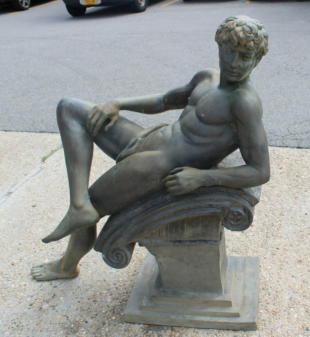 Vintage Life Size Bronze Sculpture Of A Reclining: Nude Male. Very well executed. From a New Rochelle NY estate. - Dimensions: 53" x 45" approx