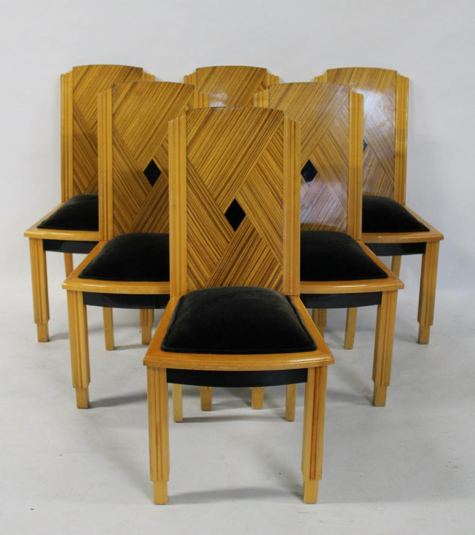 6 Art Deco Ebonised To Blonde Wood Chairs: Nice period set with sculpted tops. From a Rye NY estate. - Dimensions: 40" x 19" x 19"