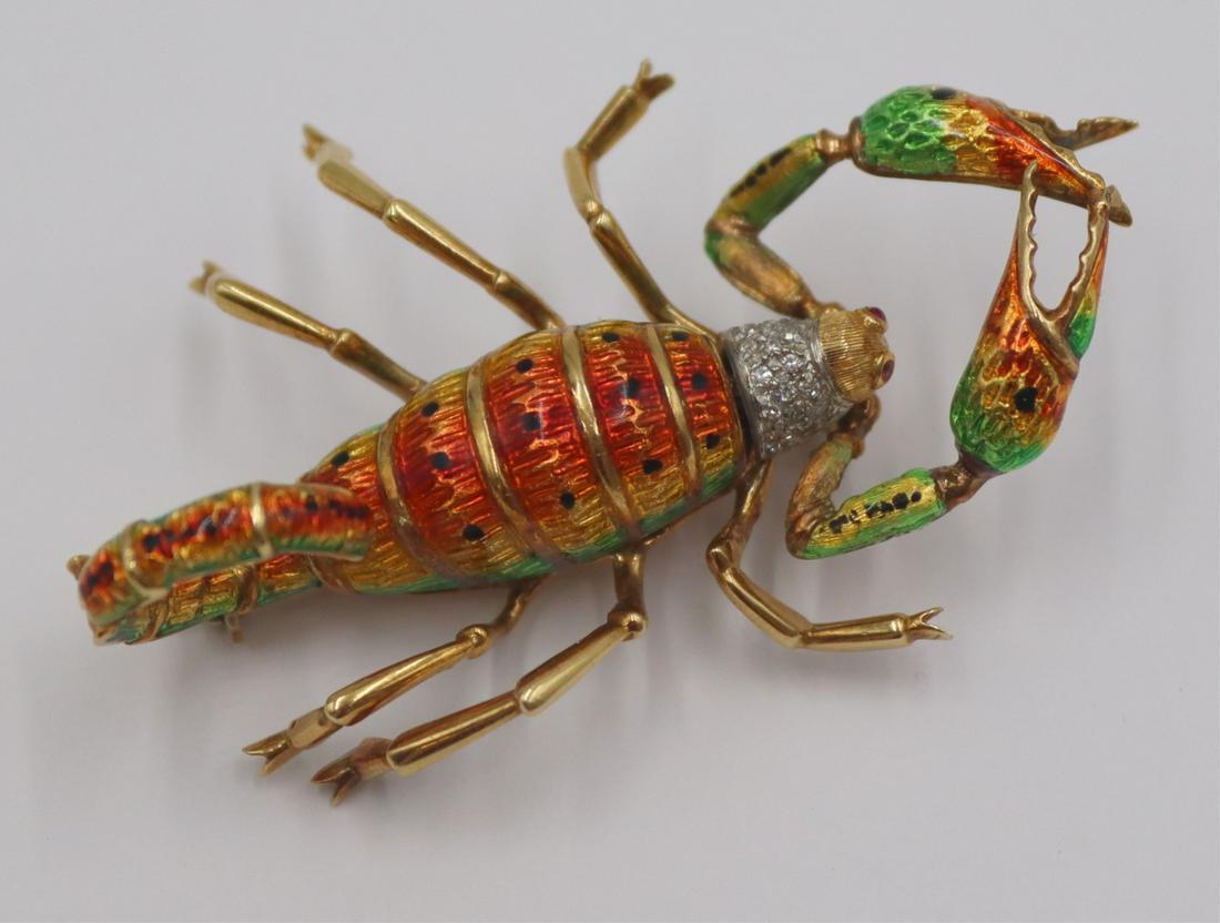 JEWELRY. Italian 18kt Gold Enamel Diamond: Scorpion Brooch. Italian 18kt yellow gold scorpion form brooch decorated with gradated enamel in shades of red, orange, yellow, and green. Diamond accents and colored gem eyes. Stamped verso, "18