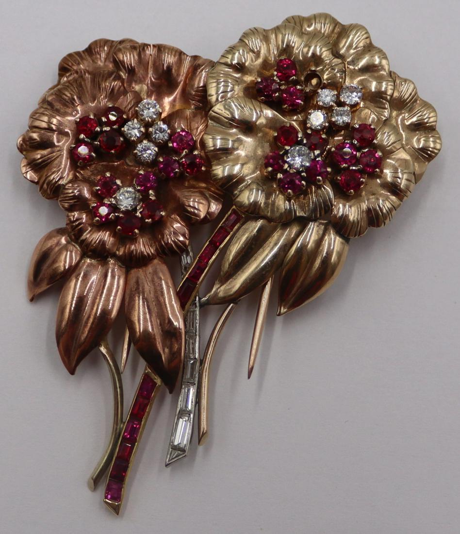 JEWELRY. Retro 14kt Gold, Ruby & Diamond Brooch. (1 of 10)