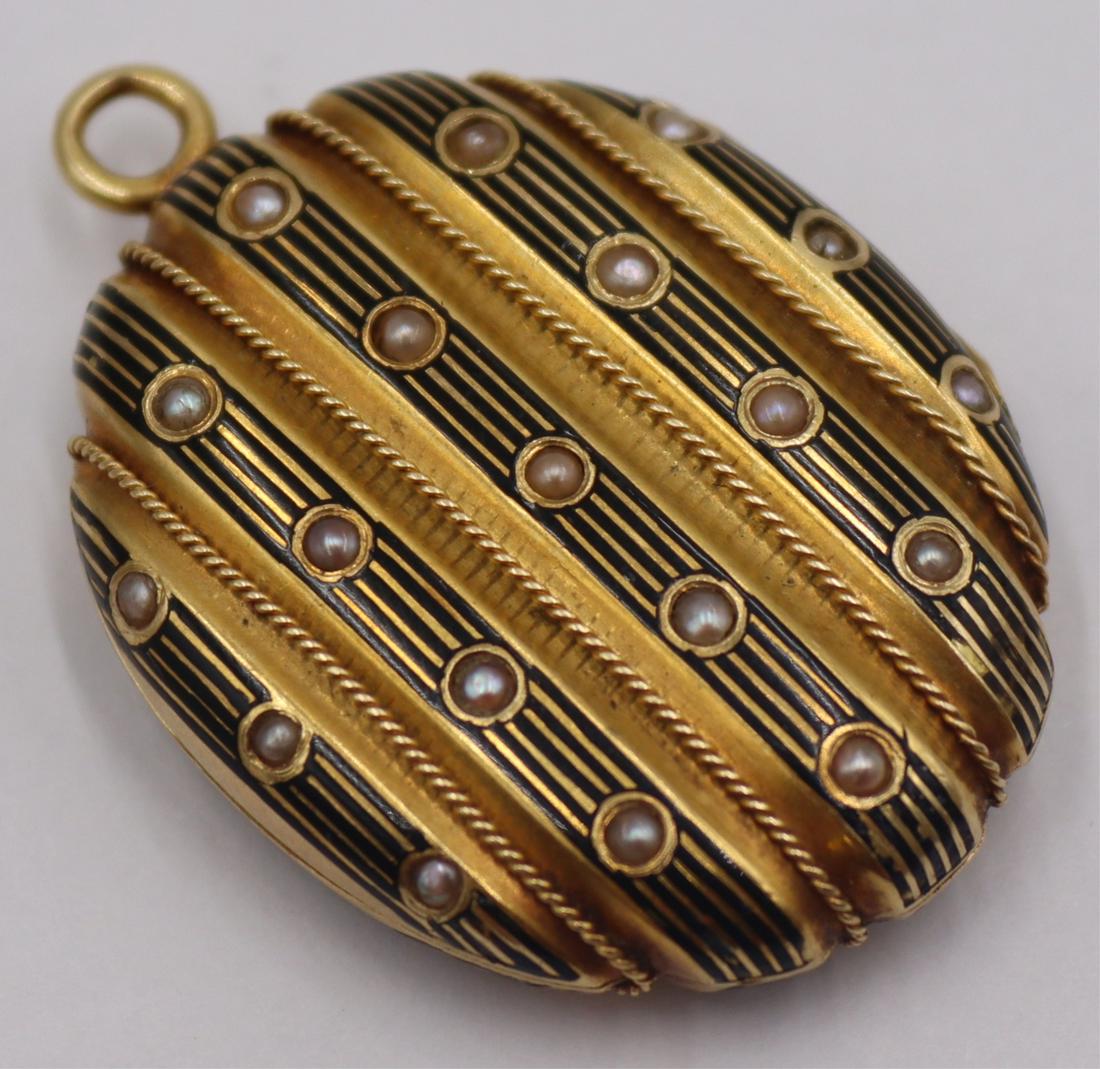 JEWELRY. 18kt Gold, Enamel, and Seed Pearl Locket. (1 of 8)