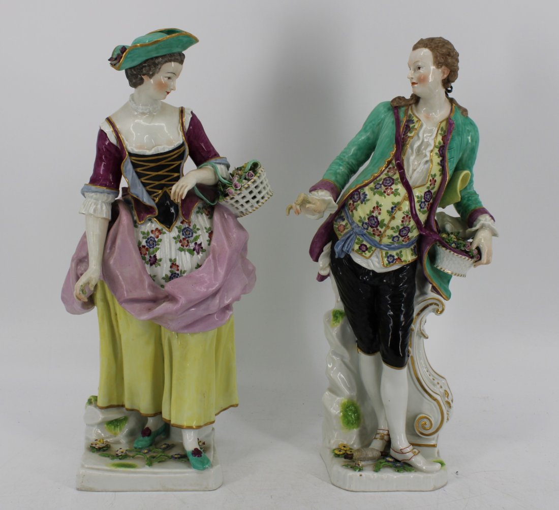 2 Large Meissen Quality Porcelain Figures.: Great quality and marked on the base. From a Darien, CT estate. -Dimensions: 15"H.