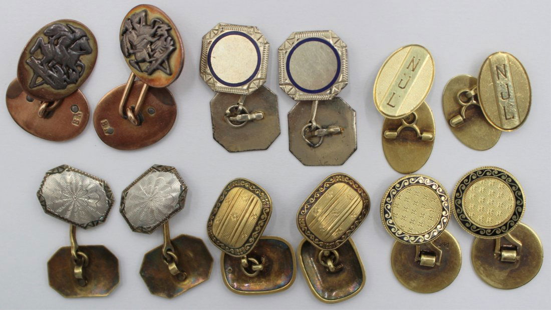 JEWELRY. (6) Pair of Gold Cufflinks. (1 of 8)