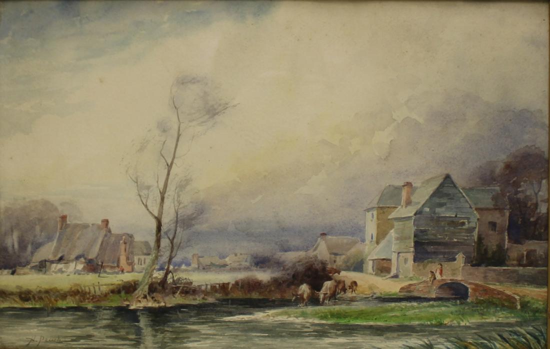 H. Peach Signed Watercolor Cows At River. (1 of 4)