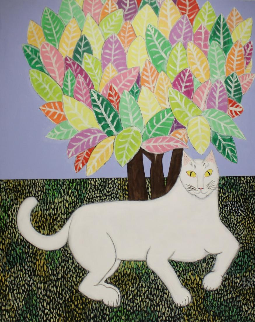 Apparently Unsigned Oil On Canvas Cat Under Tree. (1 of 3)