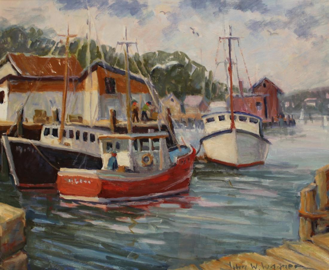 John W. Wagner Oil on Canvas Harbor Scene. (1 of 5)