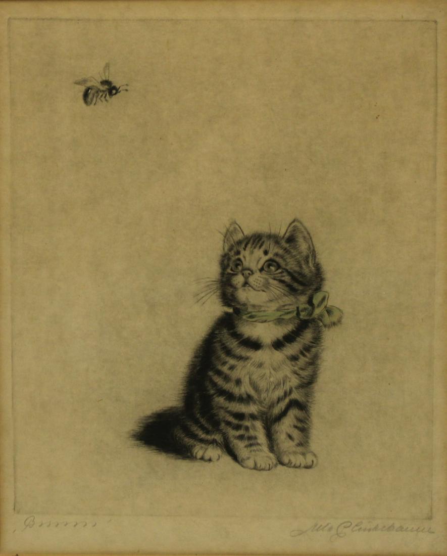 Illegibly TItled and Signed Cat and Bee Etching. (1 of 5)