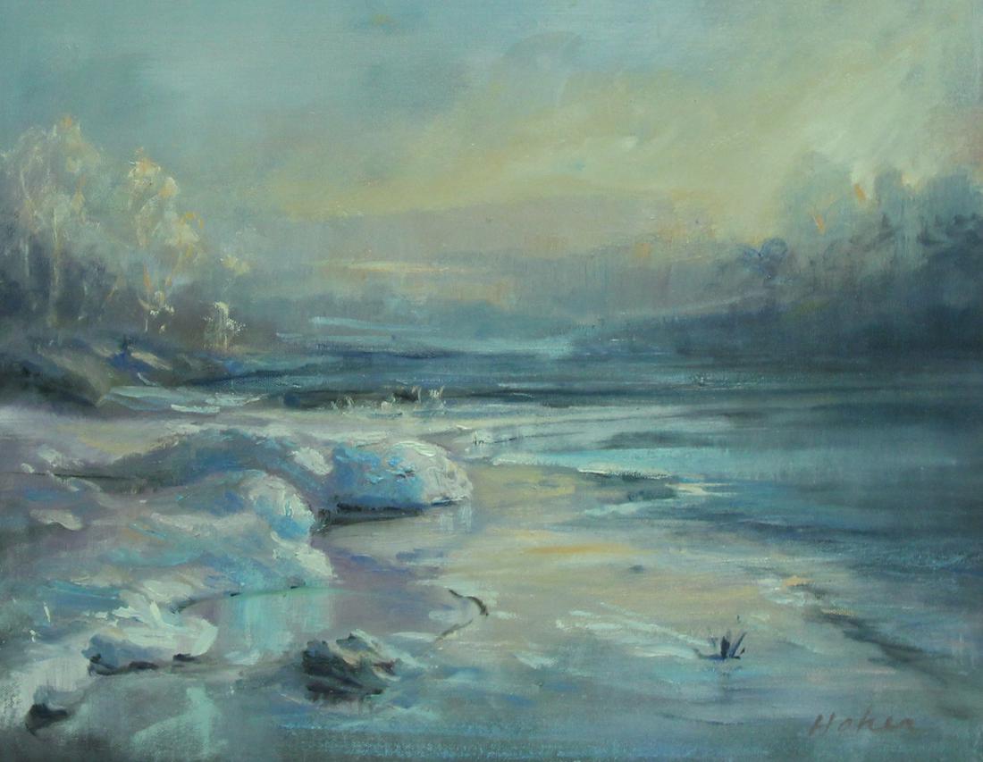 Jane Haher Signed Oil on Canvas "Frozen River": Signed lower right. Salmagundi label verso. From a Westchester storage. - Dimensions: 16" high x 20" wide