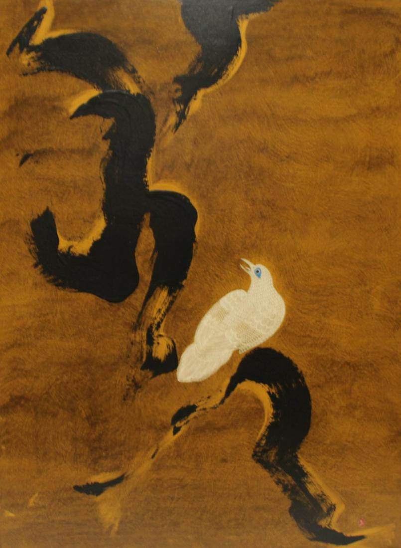 Illegibly Signed Tempera on Board Bird Scene.: Signed lower right. From a Westchester storage. - Dimensions: 30" high x 21.25" wide