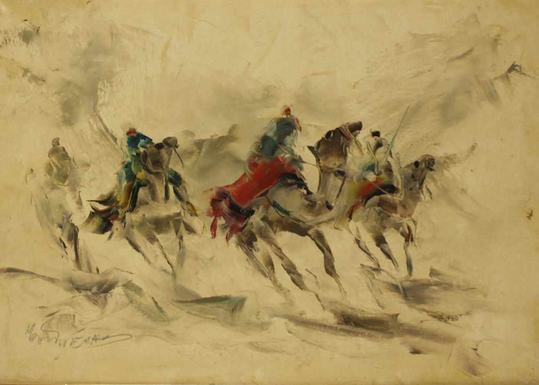 Illegibly Signed Oil on Canvas Men on Camels.: Orientalist Scene. Illegibly signed lower left. From a Larchmont storage. - Dimensions: Sight: 19.25" high x 27" wide