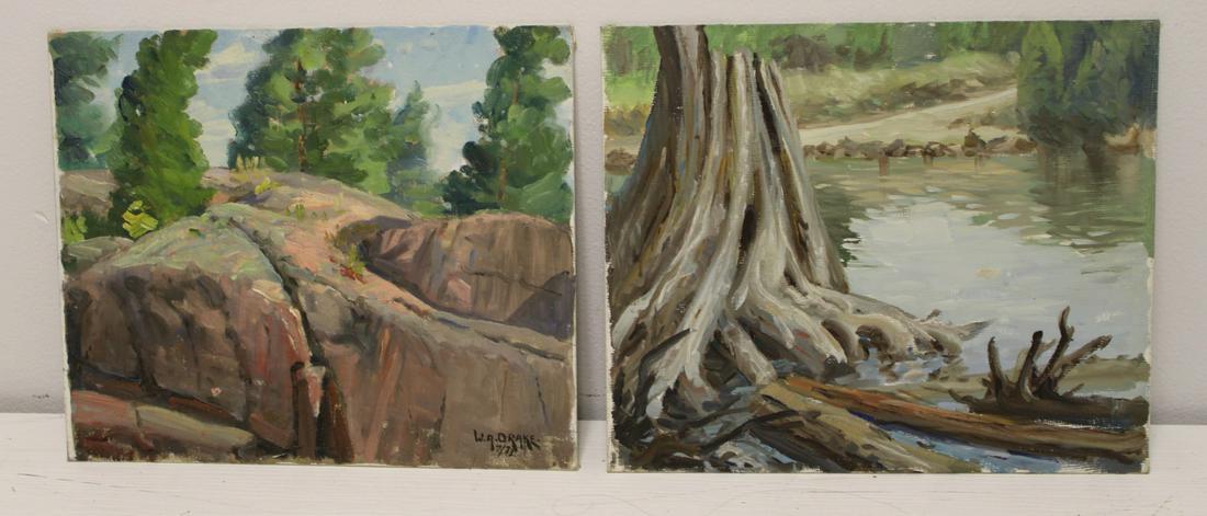 2 W.A. Drake Oils on Canvas Board Landscapes.: One signed and dated 1973 lower right. One apparently unsigned. From the Artist's estate. - Dimensions: 10" high x 12" wide