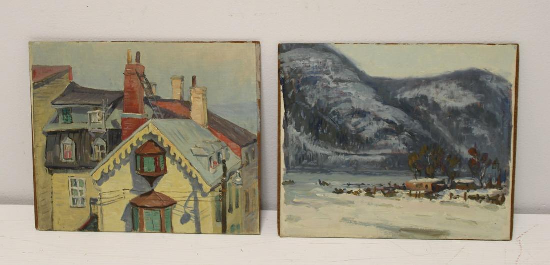 2 W.A. Drake Oils on Canvas Laid to Board.: One painting of a house signed verso. One painting of a winter landscape. From the Artist's estate. - Dimensions: 10" high x 12" wide