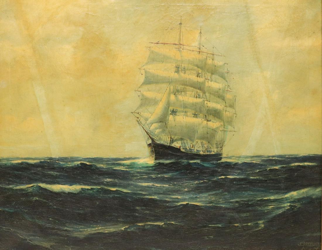 F Schneider Signed Oil on Canvas Ship at Sea. (1 of 4)