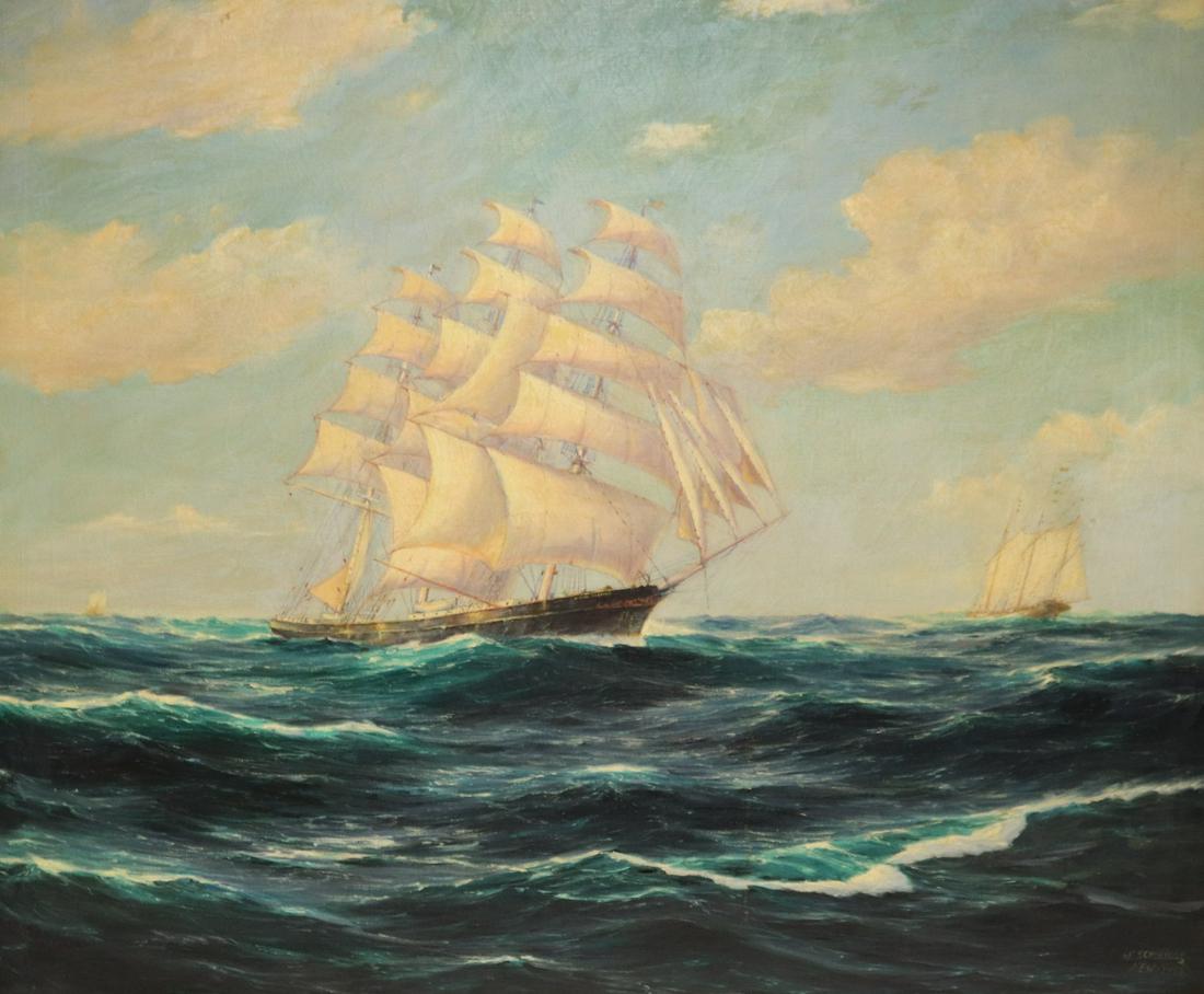 F Schneider Signed Oil on Canvas Ship at Sea. (1 of 4)