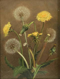 WILLIAM MOORE DAVIS (AMERICAN, 1829-1920).: Oil on canvas. Dandelions. 1859. Signed and dated lower right. From a Long Island, NY collection. - Dimensions: 7.5" high x 6" wide