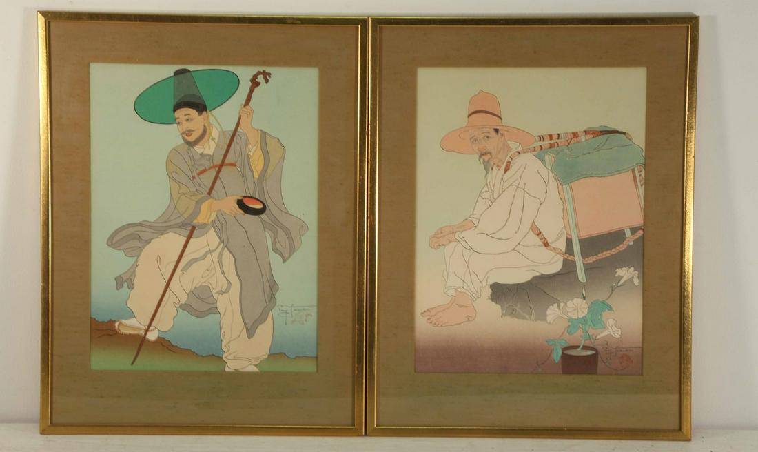 PAUL JACOULET (FRENCH, 1902-1960).: Pair of Woodblocks. Figures. Each pencil signed lower right. From a Washington Heights, NY collection. - Dimensions: Each: 15" high x 11.25" wide