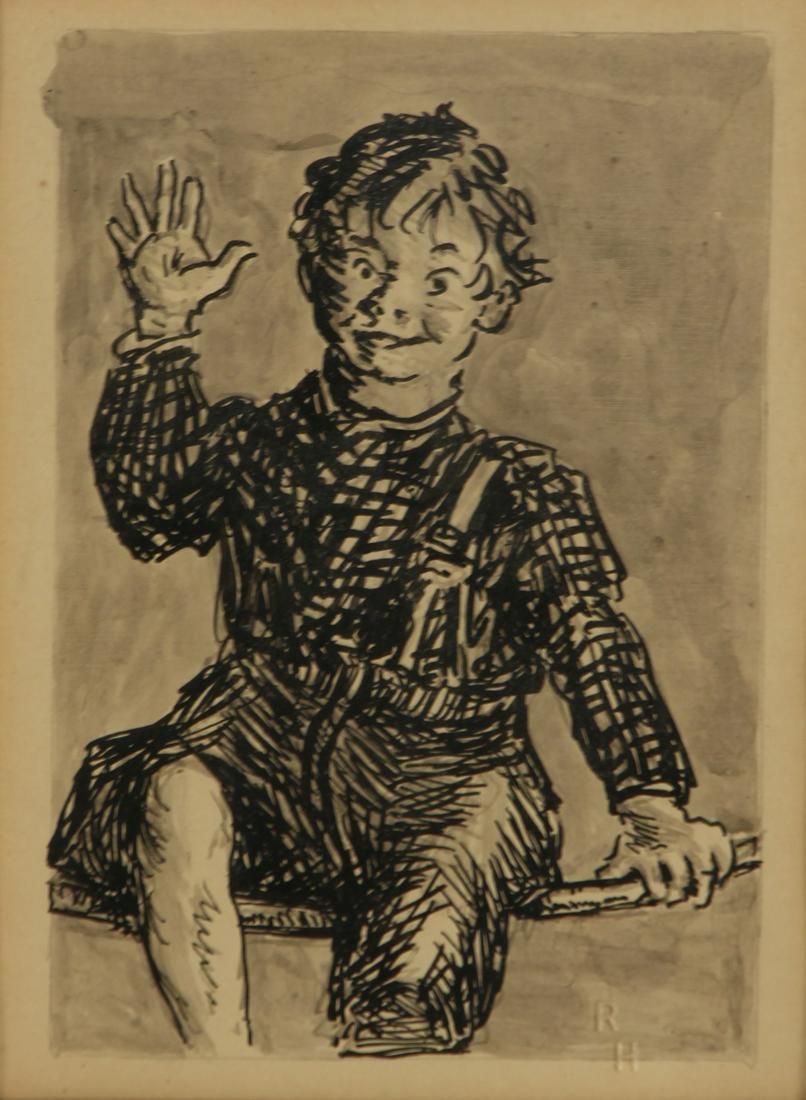 ROBERT HENRI (AMERICAN, 1865-1929).: Ink and Wash. "Boy Waiving". Estate stamp lower right. Kenmore Galleries, Inc. label verso. From a Brooklyn, NY collection. - Dimensions: 5" high x 3.5" wide.